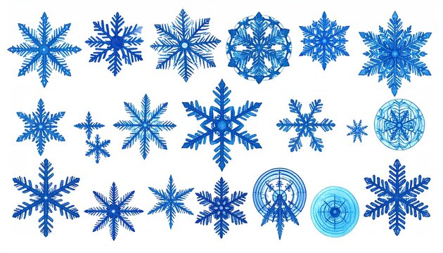 Watercolor snowflakes, various blue designs, arranged on white