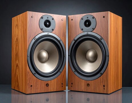 Two wooden loudspeakers. Speakers face forward. Dark background