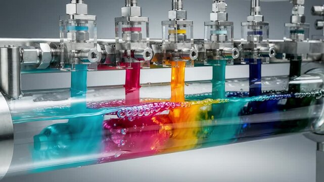 Medium shot of precision pumps injecting vibrant dyes into a flowing liquid base showcasing the meticulous inline dosing process for consistent color blending.