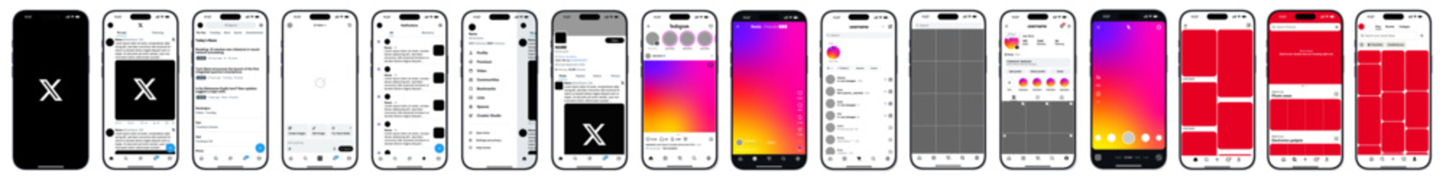Social media application interface templates for Instagram and X Twitter on smartphone screens.