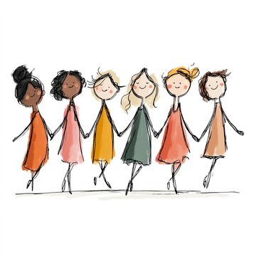 Cute continuous line of women holding hands in a joyful farandole dance