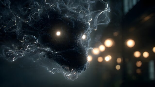 Mysterious Smoke Wolf Spirit with Glowing Eyes in Dark Forest