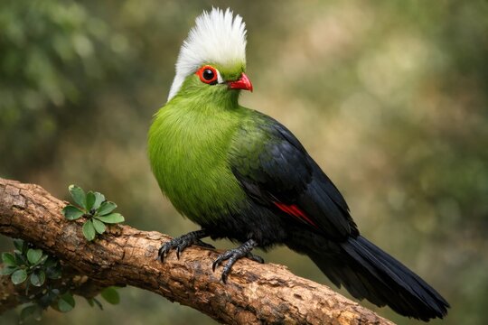 Vibrant White-Crested Turaco Bird Perched on a Branch in Lush Green Forest Environment