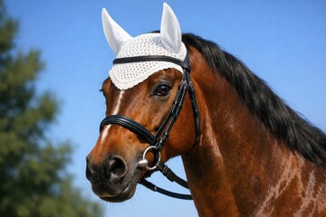 Obraz premium Close-up of a beautiful brown horse wearing a white ear bonnet and bridle against a clear blue sky