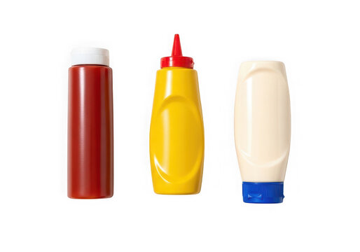 Three condiment bottles with ketchup, mustard and mayonnaise isolated on transparent background