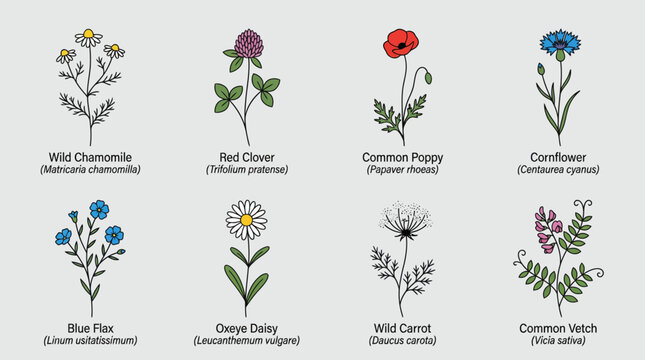 Assorted wildflowers collage featuring chamomile, red clover, common poppy, cornflower, blue flax, oxeye daisy, wild carrot and related garden wildflowers.