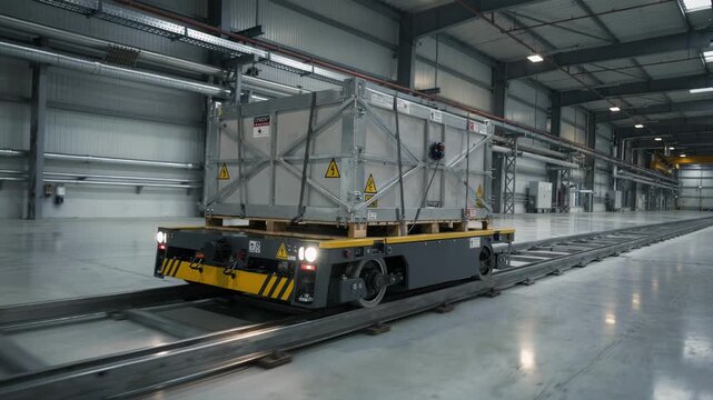 Medium shot of a railguided AGV carrying explosives along a fixed track within an industrial facility emphasizing controlled movement and efficient logistics management.