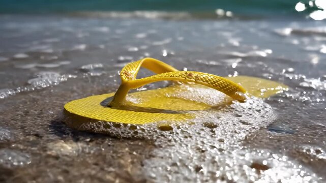 Yellow flip flop on sandy beach with seashells and pebbles