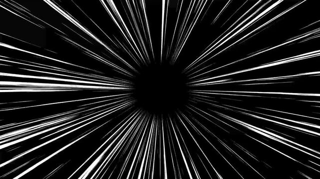 Manga-style speed lines motion graphic on a black screen with radial zoom burst effects, designed as a comic action velocity lines overlay with smooth animated flow and high energy visuals in 4k