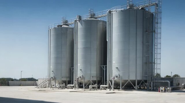 Medium shot of towering outdoor bulk silos storing granular powders under clear sky highlighting industrial storage in an open environment.