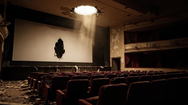 Dilapidated theater interior with damaged screen and falling debris