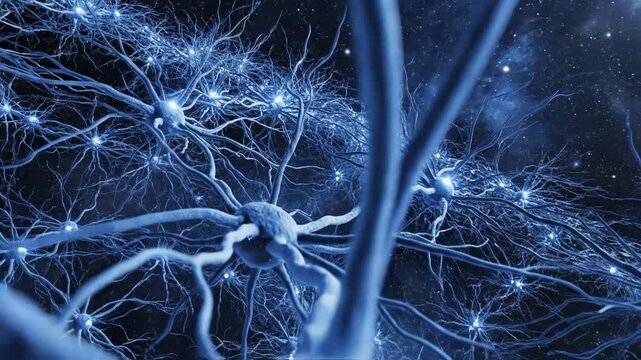 Glowing blue neurons on a dark background with white highlights and sparks