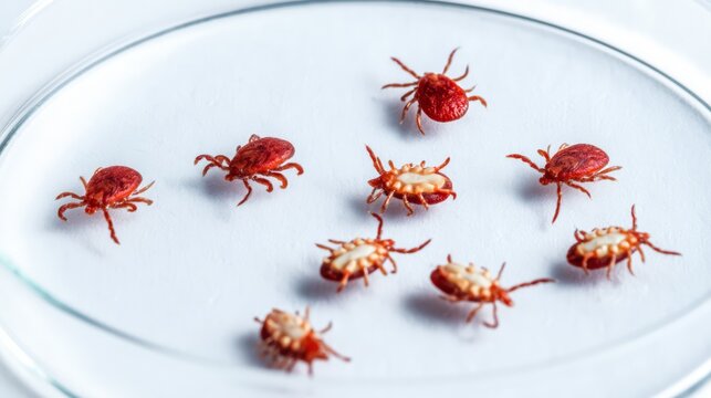 Red ticks inside a petri dish on a white lab surface for research.