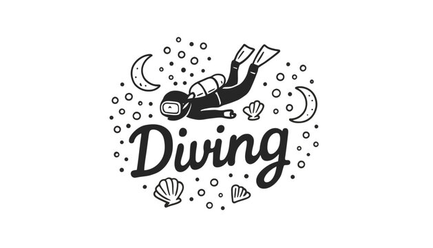 Diving logo with scuba diver and seashells illustration
