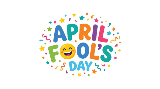 Vibrant april fools day graphic with colorful confetti and smiling emoji