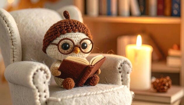 Adorable crocheted owl wearing glasses, reading, cozy setting with candle