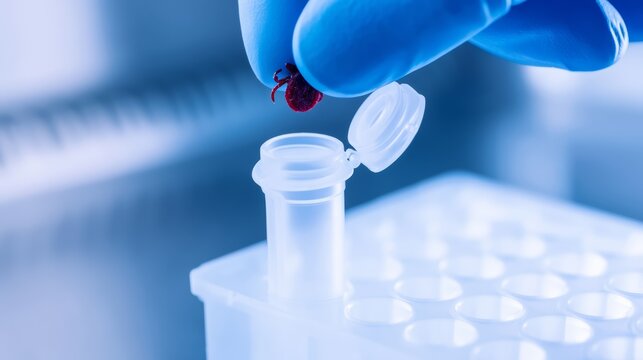 A doctor placing a red tick into a cryogenic storage tube.