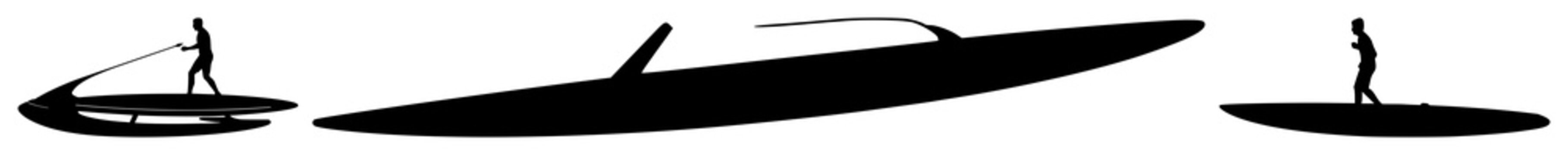 Electric hydrofoil surfboard set with solid black silhouette on white background featuring high-speed, electric propulsion, water sports with surfboard and hydrofoil