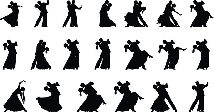 Ballroom, dance, silhouettes, couple, elegant, poses, waltz, tango, dancers, romance, movement, performance, classic, partners, graceful, black, isolated, vector, illustration, set