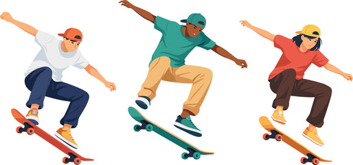 Fototapeta premium Young skateboarders performing tricks, urban street sport activity, diverse skaters jumping with boards, youth lifestyle illustration, extreme sport concept