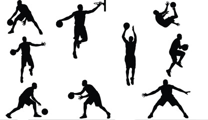 Basketball, silhouettes, players, action, dribble, dunk, jump, shot, sport, athletes, motion, fitness, training, competition, team, isolated, black, vector, illustration, set © Mst