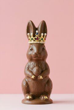 Le Roi de P&acirc;ques : figurine conceptuelle de lapin en chocolat gourmet avec diad&egrave;me majestueux, symbole de luxe et d'exclusivit&eacute;