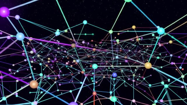 A vibrant network of multicolored lines and nodes connects points in space against a starry night sky, symbolizing global communication and technology