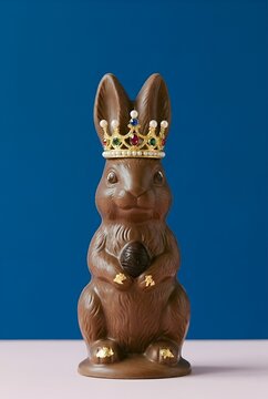 Le Roi de P&acirc;ques : figurine conceptuelle de lapin en chocolat gourmet avec diad&egrave;me majestueux, symbole de luxe et d'exclusivit&eacute;