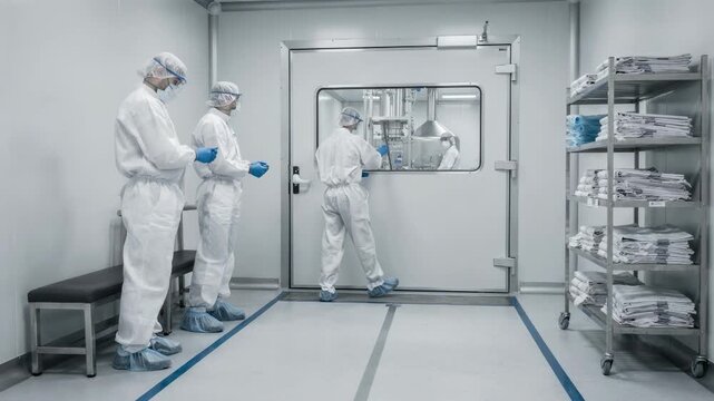 Medium shot inside a gowning zone where workers in protective clothing prepare to enter a sealed lowmigration ink cell dedicated to manufacturing compliant food packaging inks.