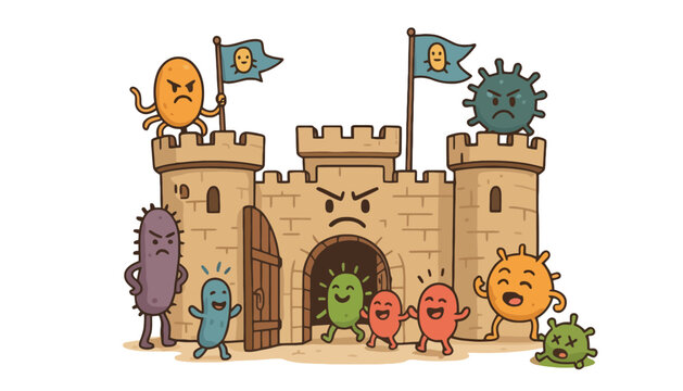 Virus cartoon illustration of a castle with various microbes standing around it