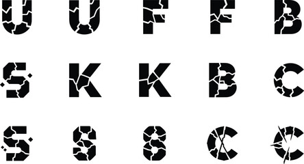 Cracked alphabet letters vector set, broken stone typography collection isolated on white background, distressed font design, grunge cracked text effect © Mst