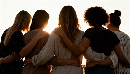 Five diverse women embracing at sunset. Back view of friends standing together in a field. Sisterhood and support concept. Female empowerment and unity