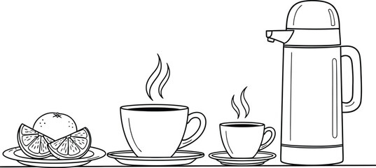 Obraz premium Silhouette of coffee setup with thermos and cup isolated on transparent background