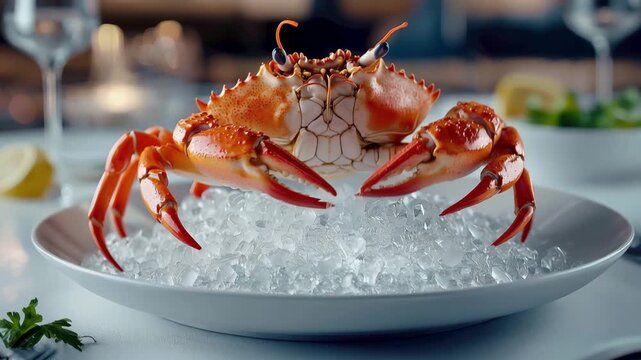 Vibrant Fresh Crab on Ice Culinary Delight for Seafood Lovers in Luxury Gourmet Dining Ambiance, Showcasing Intricate Details and Elegance on Every Plate