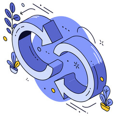 Fototapeta premium Blue circular arrows with plants and abstract design elements