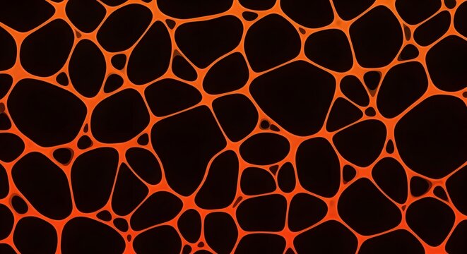 Abstract orange organic cell structure and liquid network pattern. Biological connections and microscopic scientific concept. Glowing mesh design against a dark black background