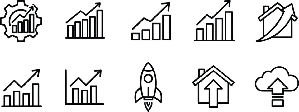 Silhouette of business and growth icons isolated on transparent background