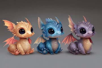 Fototapeta premium cute characters as baby dragons with tiny wings
