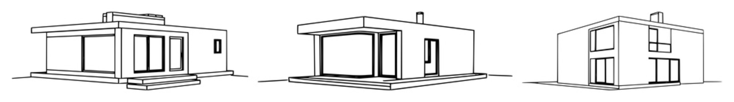 Minimalist one-line drawing of a modern modular house shown from a three-quarter perspective. The subject is a continuous black line illustration on a stark white background, featuring geometric re...