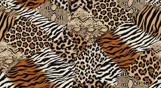 Mixed animal print patchwork including leopard tiger and snake skins. Diverse wildlife fashion and textile collage. Collection of predatory textures and safari patterns in one layout