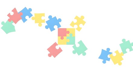 Fototapeta premium Colorful puzzle pieces scattered and partially connected on a clean white background representing teamwork and problem solving.