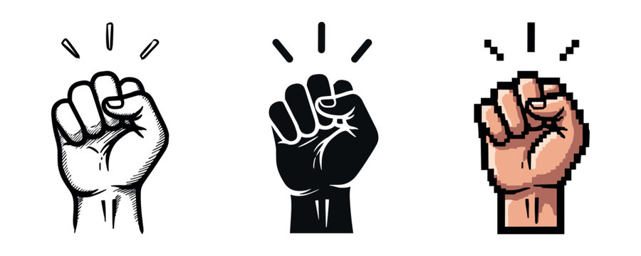 Illustrated raised fist motifs in black, white, and pixel styles symbolizing unity