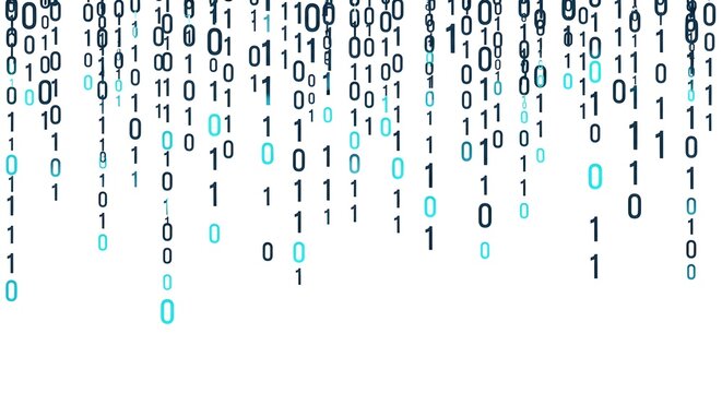 Digital rain of binary code flowing down a black screen representing data streams and the internet.