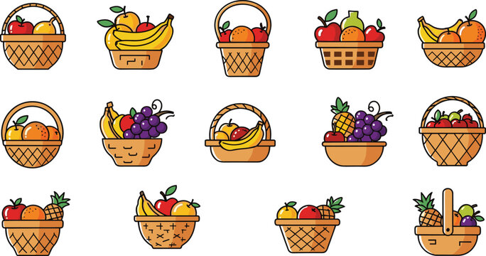 Fruit basket vector illustration set with assorted fresh produce, cute market hamper collection, healthy food elements isolated on white background.