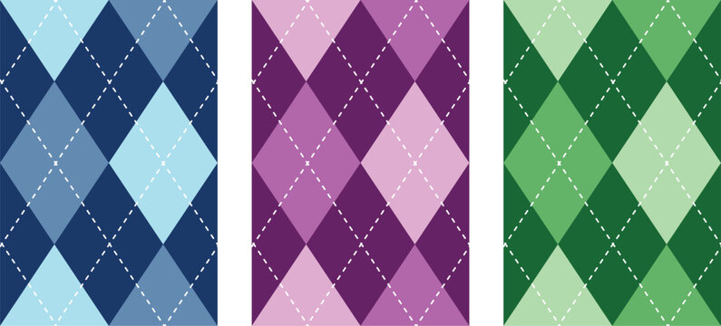 Argyle pattern set with geometric diamond design. Blue purple and green seamless backgrounds with classic textile style. Vintage inspired fabric pattern collection for fashion and decor.