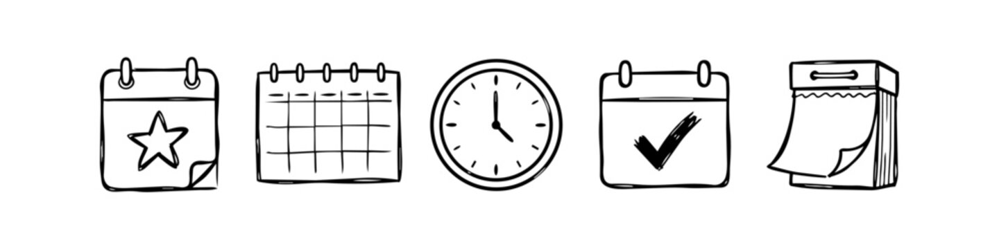 Hand-drawn doodle icons for scheduling and time management. Set includes various calendar types with a star and checkmark, plus an analog clock. Black ink sketch style on white background.