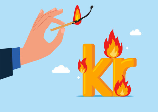 Hand deliberately sets fire to Sweden currency Swedish krona symbol. Lose money investment in financial crisis, profit and loss in business or deflation and inflation concept. Hot offer. Flat vector i