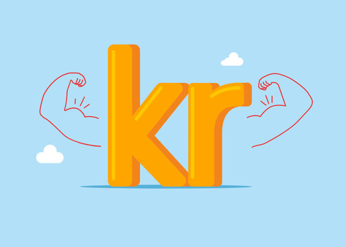 Financial and investment growth. Sign Sweden currency Swedish krona money doing strong gesture. Money power. High esteem. Flat vector illustration