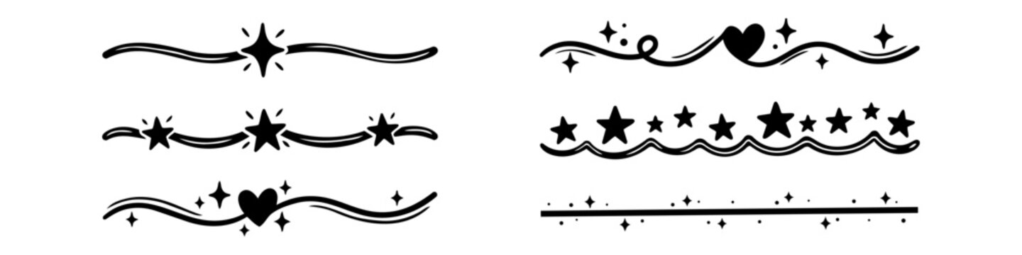Hand-drawn decorative dividers and borders set featuring stars, hearts, swirls, and sparkles in black ink. Perfect for wedding invitations, bullet journals, and greeting cards.