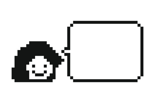 Cartoon girl woman lady with chat box in review,feedback,talk,say,speak,8 bit.